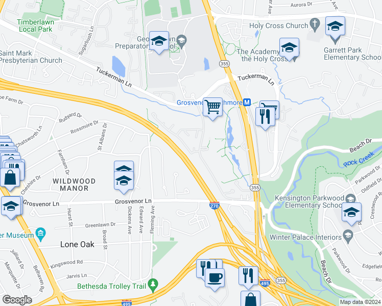 map of restaurants, bars, coffee shops, grocery stores, and more near 10401 Englishman Drive in North Bethesda