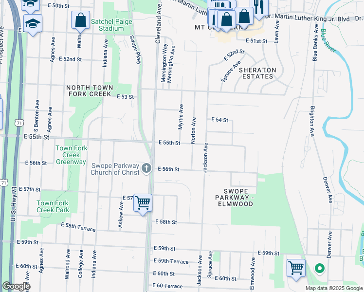 map of restaurants, bars, coffee shops, grocery stores, and more near 4001 East 55th Street in Kansas City