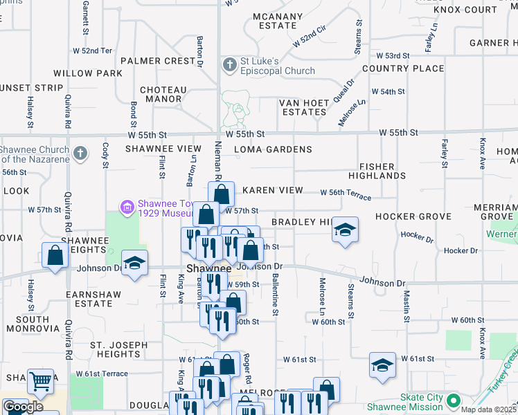 map of restaurants, bars, coffee shops, grocery stores, and more near 5704 Ballentine Street in Shawnee