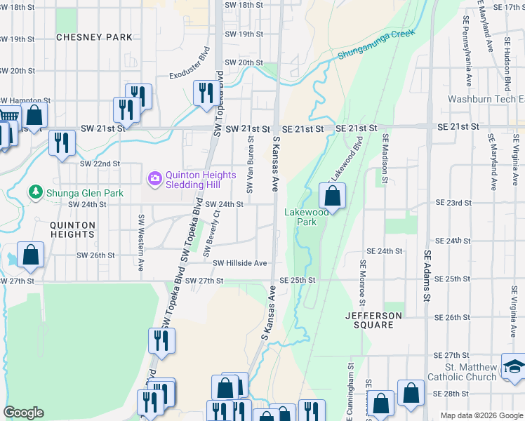 map of restaurants, bars, coffee shops, grocery stores, and more near 2416 Southwest Bradbury Avenue in Topeka