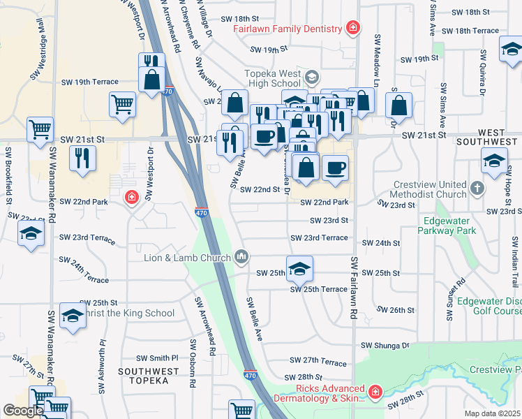 map of restaurants, bars, coffee shops, grocery stores, and more near 5532 Southwest 23rd Street in Topeka