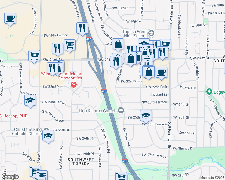 map of restaurants, bars, coffee shops, grocery stores, and more near Interstate 470 in Topeka