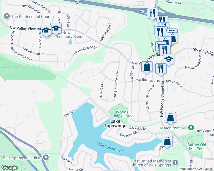 map of restaurants, bars, coffee shops, grocery stores, and more near 4107 Northwest Caramel Court in Blue Springs