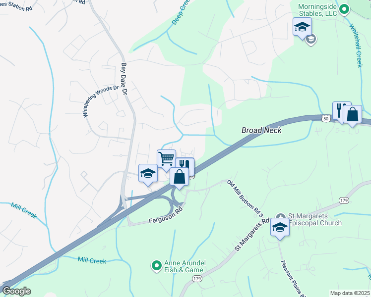 map of restaurants, bars, coffee shops, grocery stores, and more near 76 Old Mill Bottom Road North in Annapolis