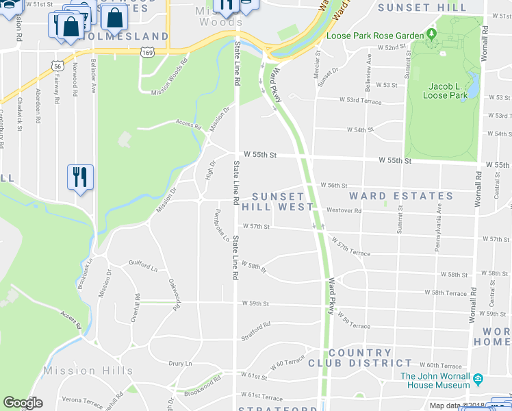 map of restaurants, bars, coffee shops, grocery stores, and more near 1247 West 56th Street in Kansas City