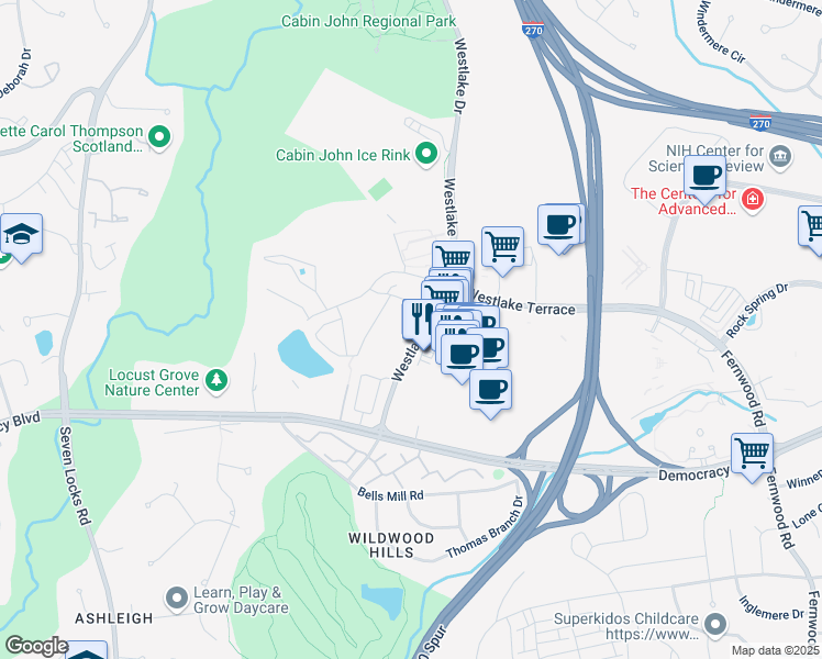 map of restaurants, bars, coffee shops, grocery stores, and more near 10320 Westlake Drive in Bethesda