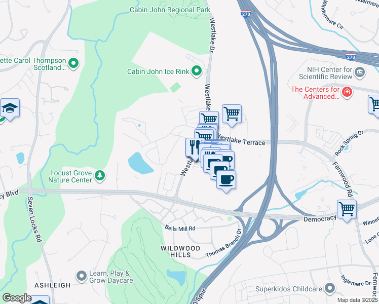 map of restaurants, bars, coffee shops, grocery stores, and more near 10320 Westlake Drive in Bethesda