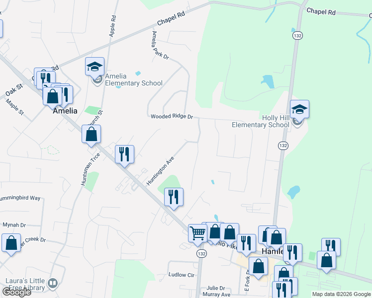 map of restaurants, bars, coffee shops, grocery stores, and more near 23 Shady Creek Lane in Amelia