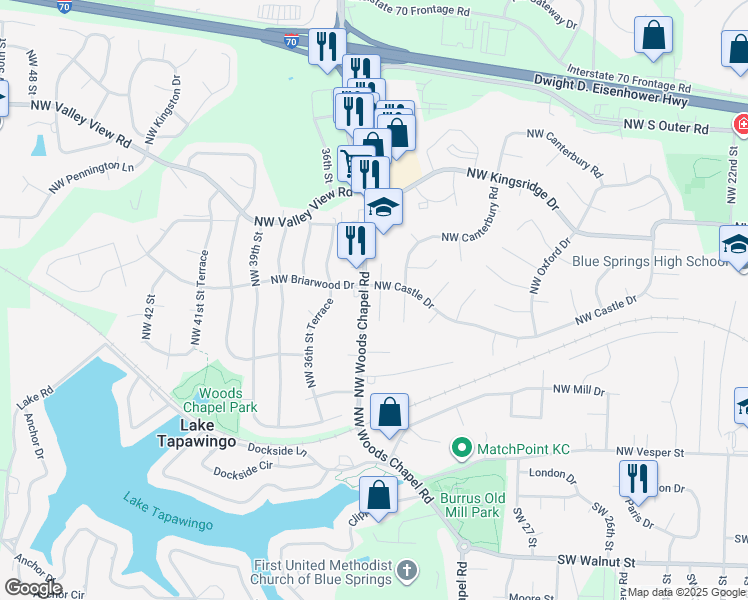 map of restaurants, bars, coffee shops, grocery stores, and more near 612 Northwest Buckingham Place in Blue Springs
