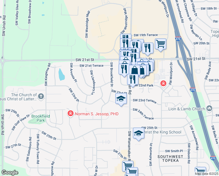 map of restaurants, bars, coffee shops, grocery stores, and more near 6032 SW 23rd St in Topeka