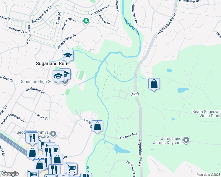 map of restaurants, bars, coffee shops, grocery stores, and more near 47172 Timberland Place in Sterling