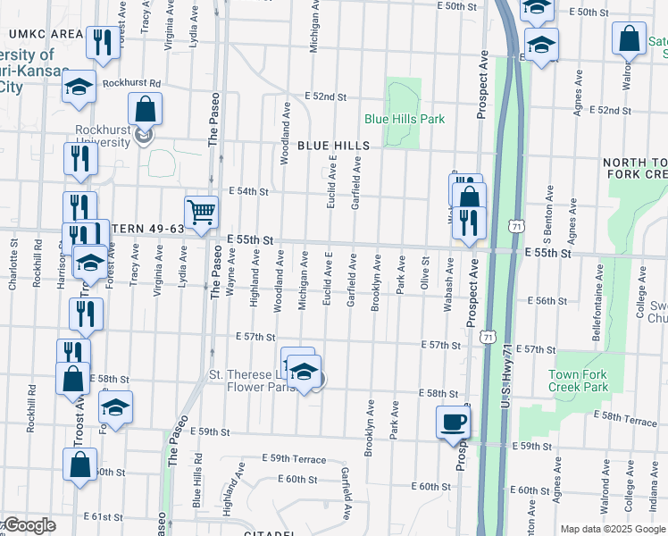 map of restaurants, bars, coffee shops, grocery stores, and more near 5523 Euclid Avenue in Kansas City