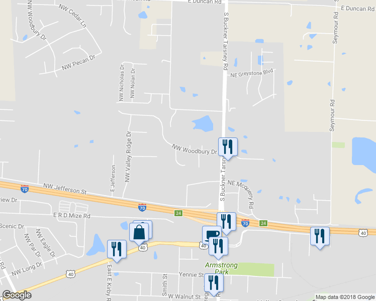 map of restaurants, bars, coffee shops, grocery stores, and more near 185 Woodbury Dr in Grain Valley