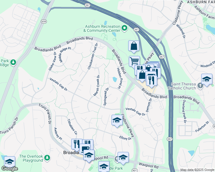 map of restaurants, bars, coffee shops, grocery stores, and more near 21361 Springwell Drive in Broadlands
