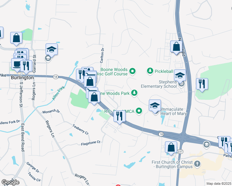 map of restaurants, bars, coffee shops, grocery stores, and more near 2363 Doublegate Lane in Burlington