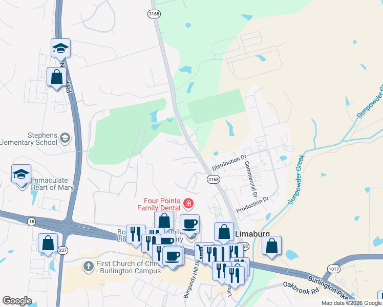 map of restaurants, bars, coffee shops, grocery stores, and more near 5519 Limaburg Road in Burlington