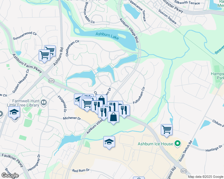 map of restaurants, bars, coffee shops, grocery stores, and more near 21336 Clappertown Drive in Ashburn