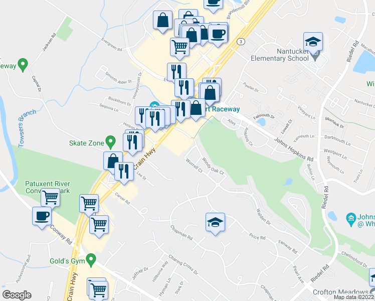 map of restaurants, bars, coffee shops, grocery stores, and more near 2673 Worrell Court in Crofton