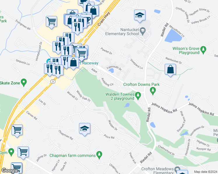 map of restaurants, bars, coffee shops, grocery stores, and more near 2540 Ambling Circle in Crofton