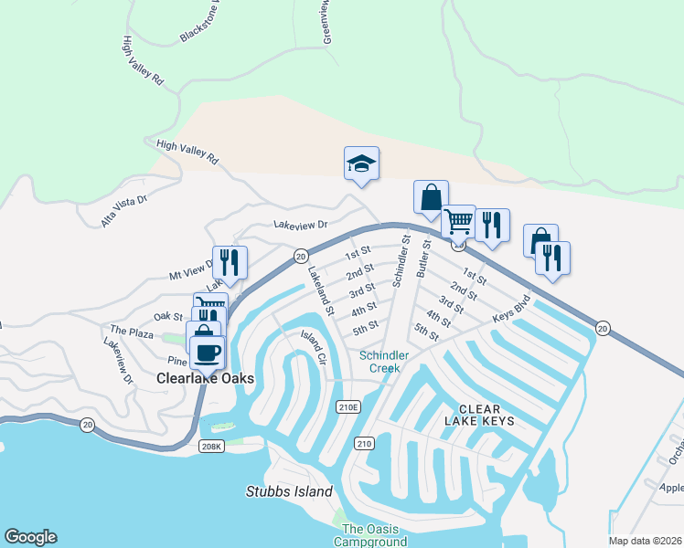 map of restaurants, bars, coffee shops, grocery stores, and more near 12860 2nd Street in Clearlake Oaks