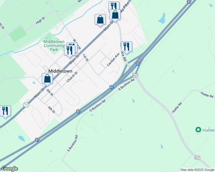map of restaurants, bars, coffee shops, grocery stores, and more near 2105 1st Street in Middletown