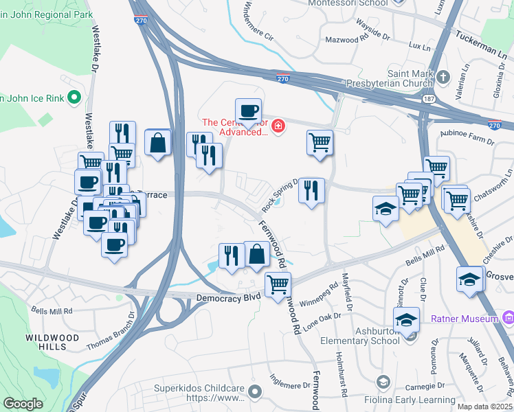 map of restaurants, bars, coffee shops, grocery stores, and more near 10403 Fernwood Road in Bethesda