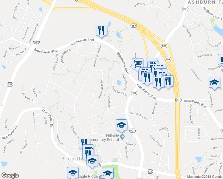 map of restaurants, bars, coffee shops, grocery stores, and more near 21361 Springwell Drive in Broadlands
