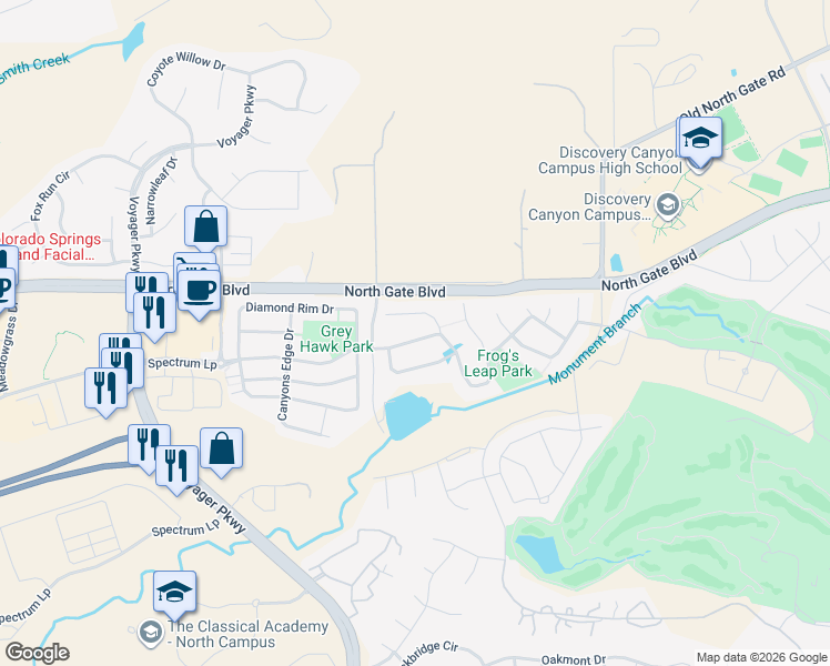 map of restaurants, bars, coffee shops, grocery stores, and more near 1129 Spectrum Loop in Colorado Springs