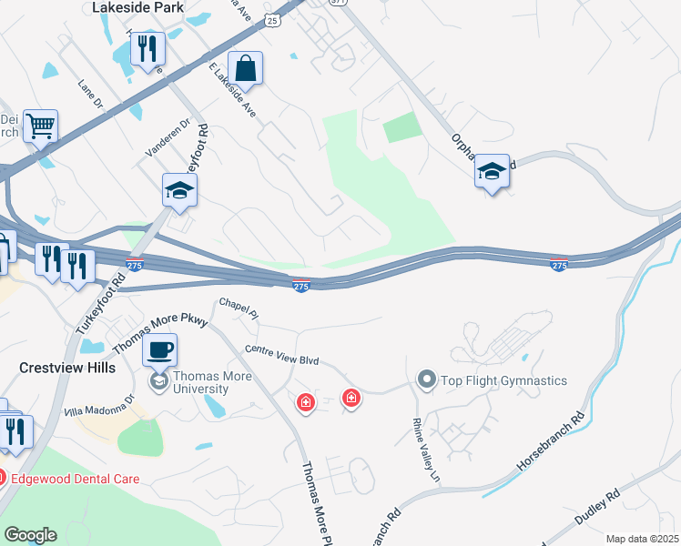 map of restaurants, bars, coffee shops, grocery stores, and more near 108 Farmcrest Court in Lakeside Park