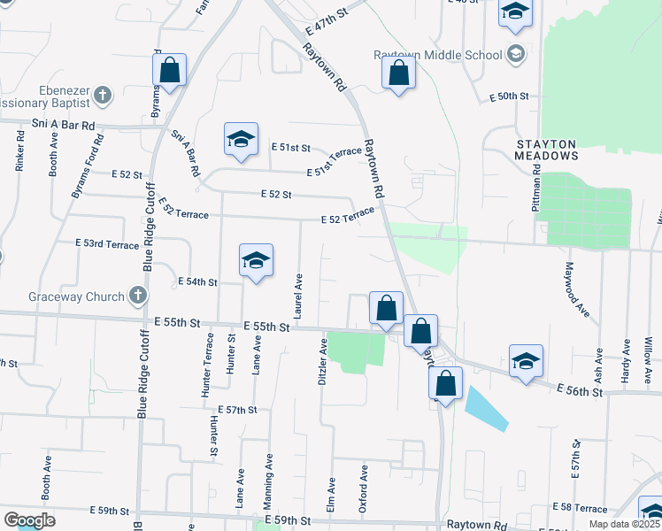 map of restaurants, bars, coffee shops, grocery stores, and more near 5336 Ditzler Avenue in Raytown