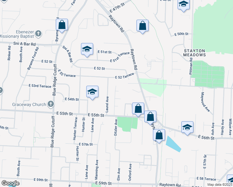 map of restaurants, bars, coffee shops, grocery stores, and more near 5336 Ditzler Avenue in Raytown