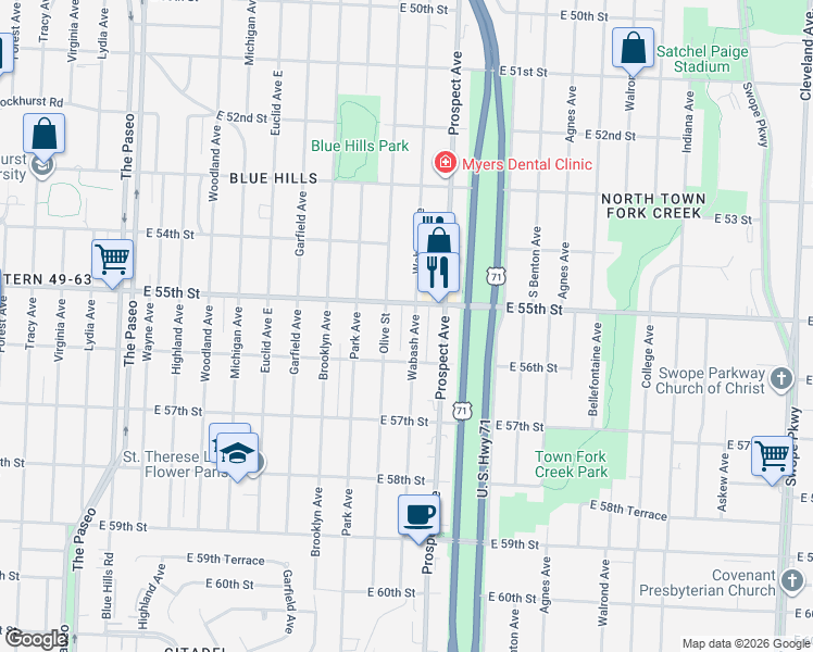 map of restaurants, bars, coffee shops, grocery stores, and more near 5531 Olive Street in Kansas City