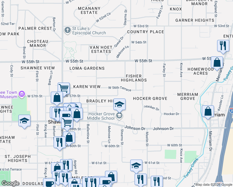 map of restaurants, bars, coffee shops, grocery stores, and more near 5648 Melrose Lane in Shawnee