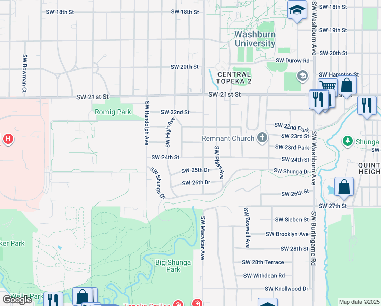 map of restaurants, bars, coffee shops, grocery stores, and more near 2417 Southwest 24th Street in Topeka