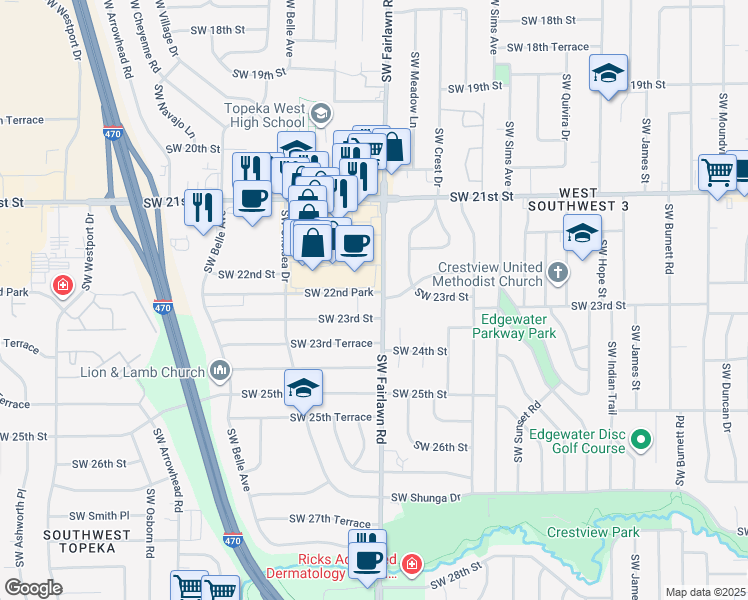 map of restaurants, bars, coffee shops, grocery stores, and more near 2310 Southwest Fairlawn Road in Topeka