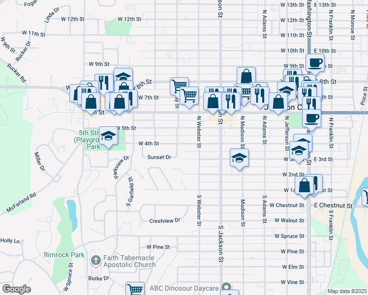 map of restaurants, bars, coffee shops, grocery stores, and more near 111 Sunset Drive in Junction City