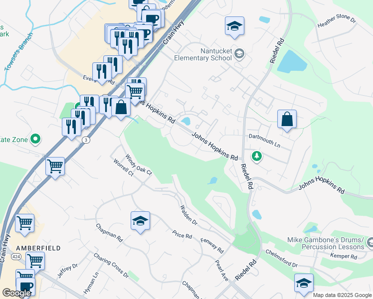 map of restaurants, bars, coffee shops, grocery stores, and more near 2550 Ambling Circle in Crofton