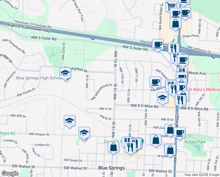 map of restaurants, bars, coffee shops, grocery stores, and more near 711 Northwest 16 Street in Blue Springs