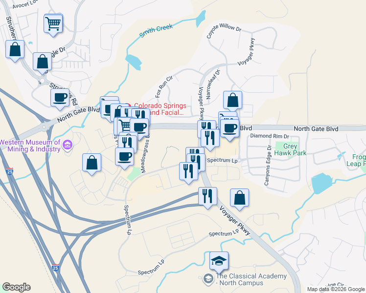 map of restaurants, bars, coffee shops, grocery stores, and more near 350 Spectrum Loop in Colorado Springs