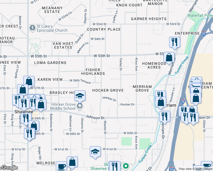 map of restaurants, bars, coffee shops, grocery stores, and more near 10030 West 57th Street in Shawnee
