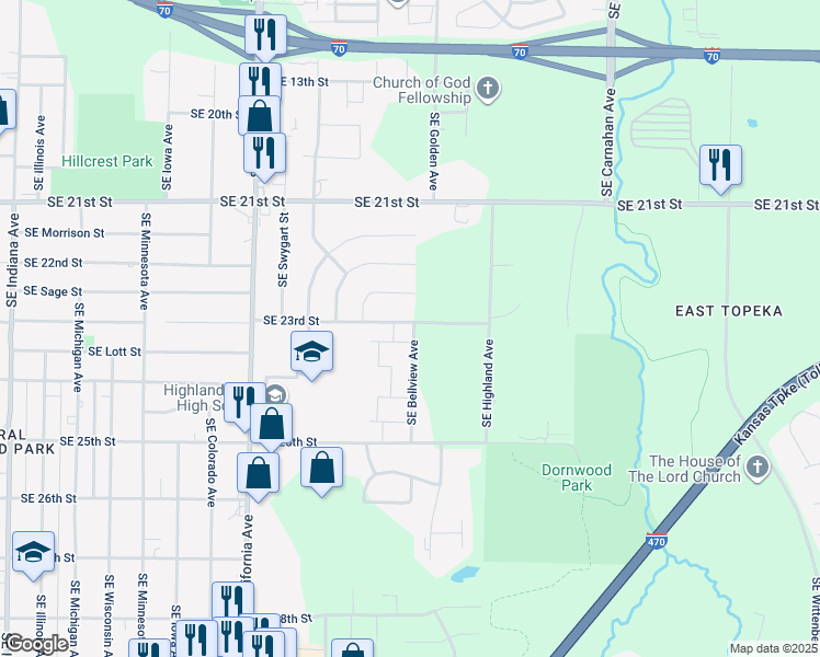 map of restaurants, bars, coffee shops, grocery stores, and more near 2301 Southeast Bellview Avenue in Topeka
