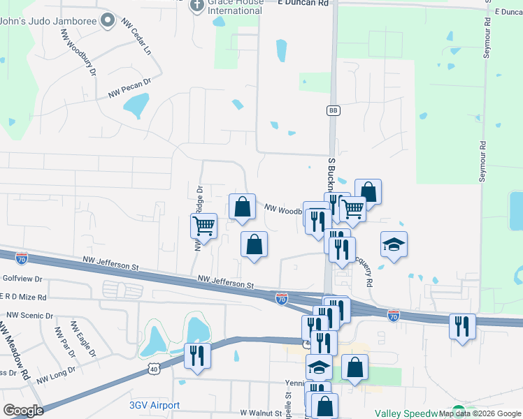 map of restaurants, bars, coffee shops, grocery stores, and more near 1293 Northwest Phelps Drive in Grain Valley