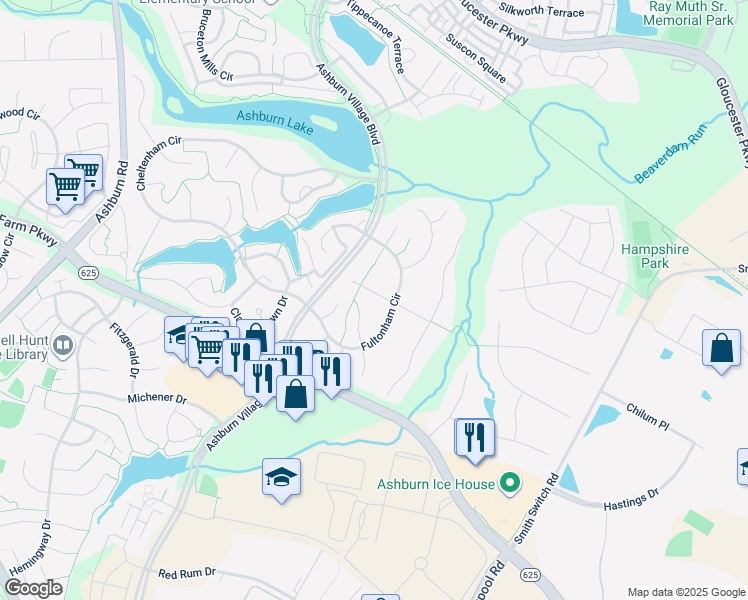 map of restaurants, bars, coffee shops, grocery stores, and more near 44141 Merrywood Court in Ashburn