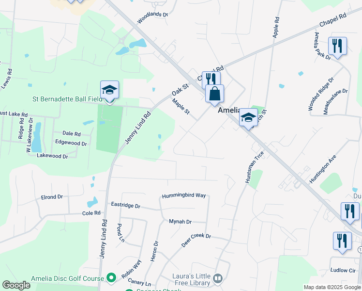 map of restaurants, bars, coffee shops, grocery stores, and more near 4 Depot Ct in Amelia