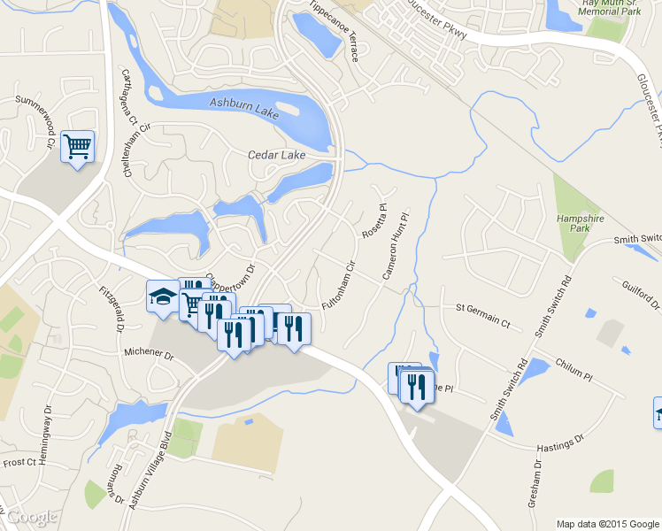 map of restaurants, bars, coffee shops, grocery stores, and more near 44141 Merrywood Court in Ashburn