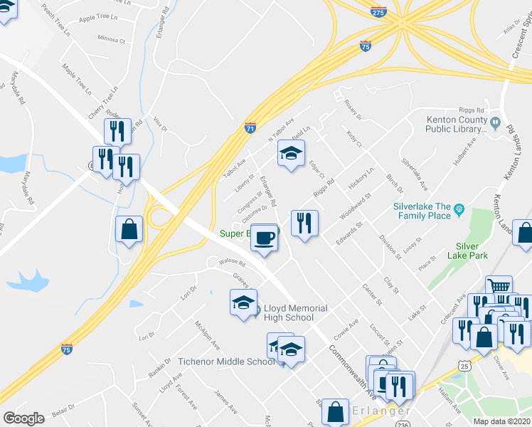 map of restaurants, bars, coffee shops, grocery stores, and more near 3405 Cintonya Drive in Erlanger