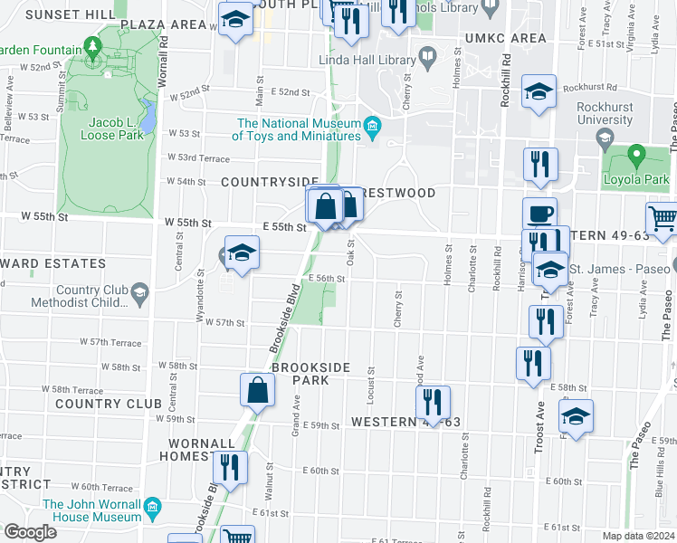 map of restaurants, bars, coffee shops, grocery stores, and more near 230 East 56th Street in Kansas City