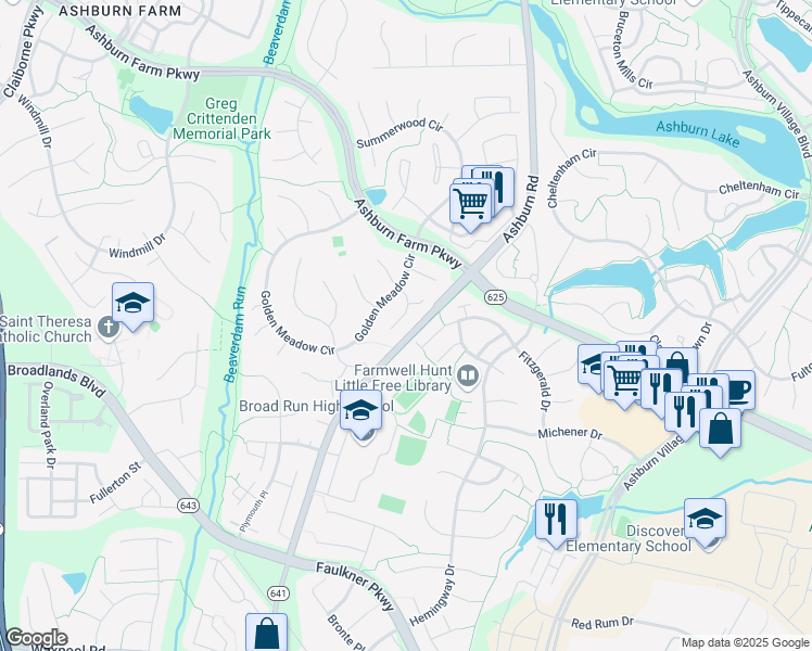 map of restaurants, bars, coffee shops, grocery stores, and more near 21681 Ashburn Road in Ashburn