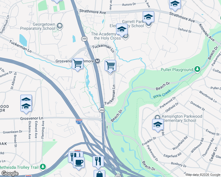 map of restaurants, bars, coffee shops, grocery stores, and more near 10304 Strathmore Hall Street in North Bethesda