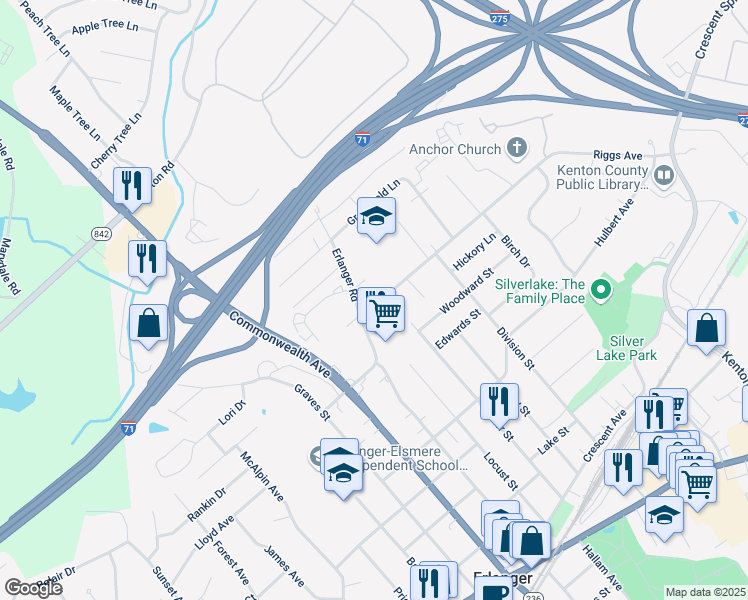 map of restaurants, bars, coffee shops, grocery stores, and more near 3239 Riggs Road in Erlanger